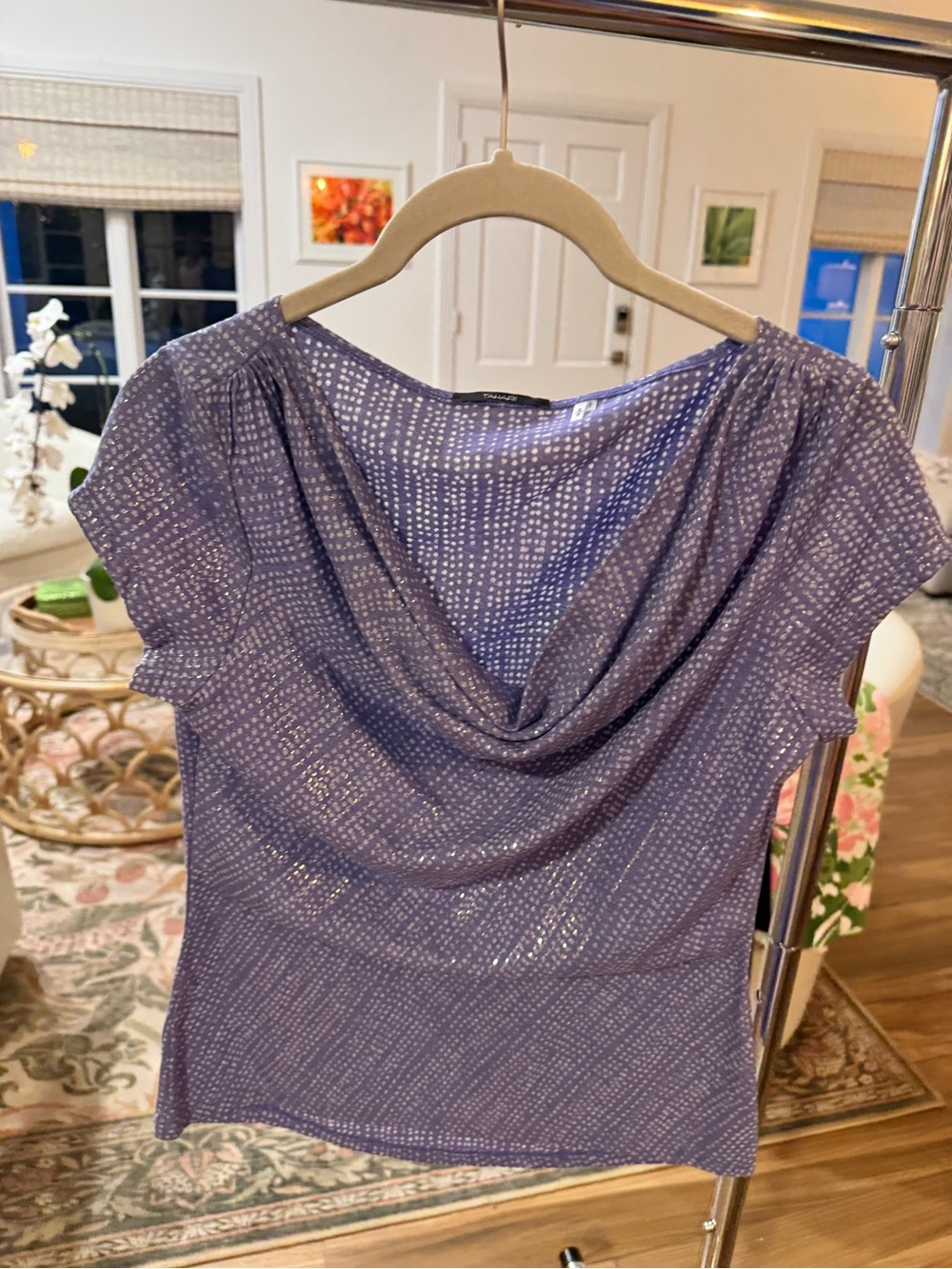Tahari Lilac Metallic Dot Cowl Neck Blouse
